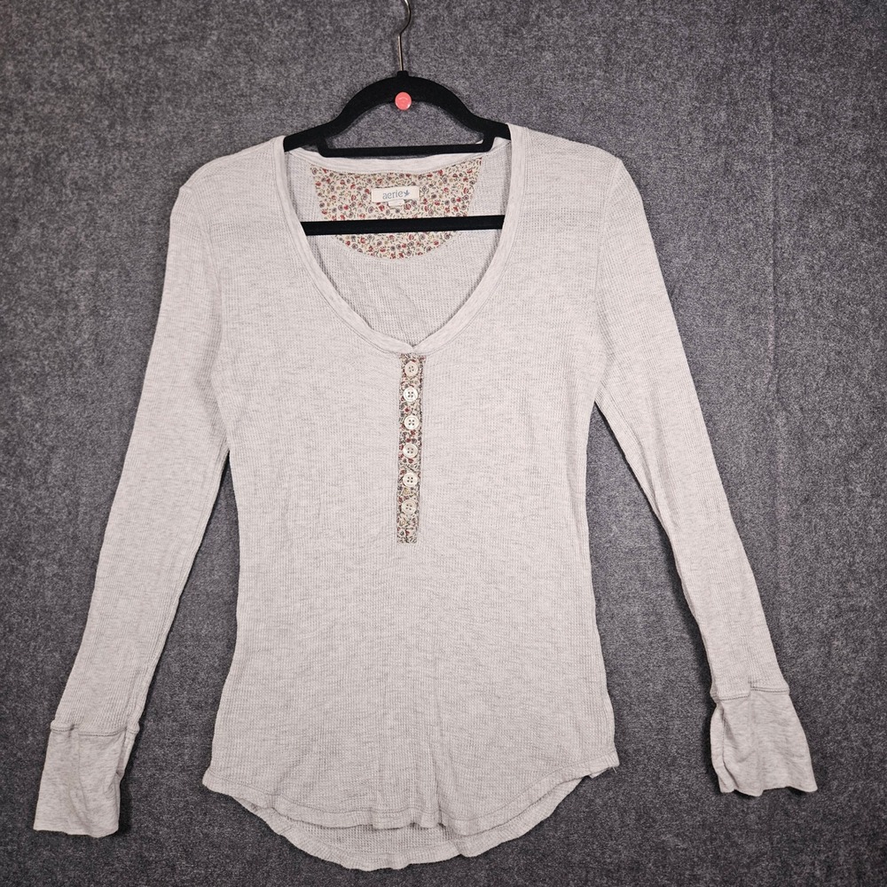 Aerie Women Grey Waffle Knit Floral Trim Thermal Henley Layering Comfort Size L